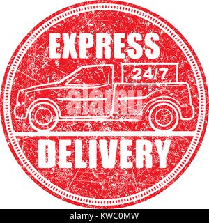 Express consegna 24/7 rosso timbro di gomma design con silhouette di un carrello di prelievo Illustrazione Vettoriale