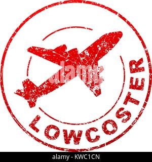 Lowcoster red Vector grunge stile timbro di gomma con silhouette di un aeromobile in volo. Illustrazione Vettoriale