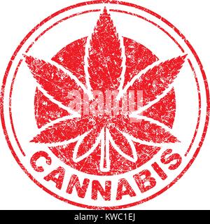 La cannabis o la marijuana red leaf design grunge inscritta in un cerchio, modello per vettore timbro di gomma. Illustrazione Vettoriale
