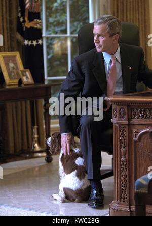 Il Presidente George W Bush animali domestici posto nell'Ufficio Ovale della Casa Bianca. 1 ottobre, 2001. (BSLOC 2015 2 170) Foto Stock