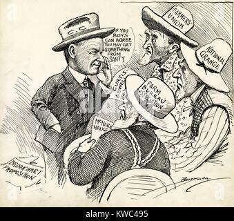 "Se i ragazzi possono convenire che si può ottenere qualcosa da Santy.' Cartoon mostra Presidente Calvin Coolidge a parlare con gli agricoltori tre etichettato 'Farmers' Union', ' National Grange,' e 'Farm Bureau Associazione.' Come 1920s farm depressione è stata archiviata, organizzazioni di agricoltori sono stati disuniti e Coolidge's ha rifiutato di stabilire il prezzo dei supporti. Cartoon di Clifford Berryman, nov. 1927. (BSLOC 2015 15 137) Foto Stock