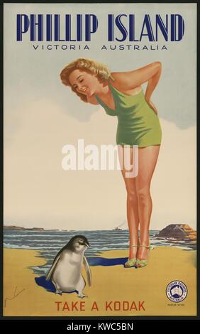 Phillip Island, Victoria, Australia. Prendere un Kodak. 1930s poster di viaggio per ferrovie Vittoriano Australia di una bellezza balneare sulla spiaggia con un pinguino. (BSLOC 2015 14 209) Foto Stock