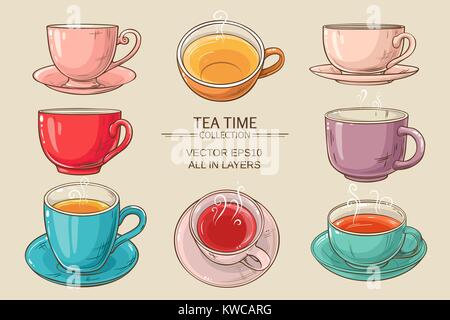 Tazze da tè set vettore sul colore di sfondo Illustrazione Vettoriale