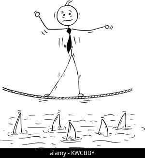 Cartoon stick uomo disegno illustrazione concettuale dell uomo d affari il bilanciamento camminando sulla corda tightrope squalo sopra l'acqua. Illustrazione Vettoriale