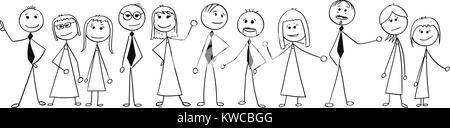 Cartoon stick uomo disegno illustrazione della folla di undici persone d'affari, uomini e donne, imprenditori e imprenditrici in piedi e in posa. Illustrazione Vettoriale