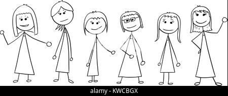 Cartoon stick uomo disegno illustrazione della folla di sei persone d'affari, donne imprenditrici in piedi e in posa. Illustrazione Vettoriale