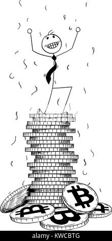 Cartoon stick uomo disegno illustrazione concettuale di imprenditore godendo o celebrare in pila o catasta di bitcoin monete. Concetto di successo aziendale Illustrazione Vettoriale