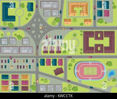 Città urbana vista dall'alto. Strade, case e edifici, strade, crocevia, parco, parcheggio e Stadium. Vista da sopra illustrazione vettoriale Illustrazione Vettoriale