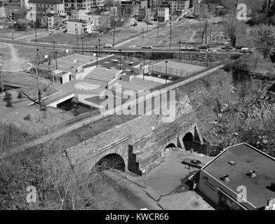 Yonkers, New York, ca. 1980. Vista aerea che mostra il vecchio Croton acquedotto era apertura nel 1842 il trasporto di acqua da Upstate serbatoio a New York City. Al mulino di sega fiume canale sotterraneo spanning Nepperhan Avenue. (BSLOC 2015 11 4) Foto Stock