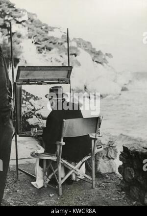 Ex-Prime Ministro Winston Churchill dipinto sulla Riviera Francese vicino a Monte Carlo. Jan 12, 1949. - (BSLOC 2014 17 53) Foto Stock