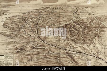 Guerra mondiale 1. Mappa di fronte occidentale che mostra la posizione delle forze contrapposte su nov. 4, 1918, sette giorni prima dell'armistizio è stato firmato. Essa indica anche il punto più lontano raggiunto dai tedeschi, la linea Hindenburg. (BSLOC 2013 1 217) Foto Stock