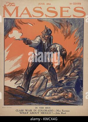 Le masse, giugno 1914, illustrazione del coperchio sui massacri durante il Colorado sciopero del carbone a Ludlow. John Sloan disegno mostra un minatore sparare una pistola dopo la sua moglie e i bambini sono stati uccisi al loro tenda camp dal Colorado National Guard e Colorado Carburante & Società ferro camp protezioni (BSLOC 2017 2 160) Foto Stock