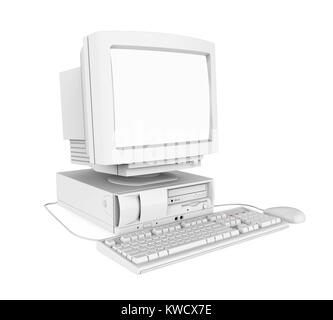Il vecchio computer desktop con una schermata bianca vuota il monitor, la tastiera e il mouse isolato Foto Stock