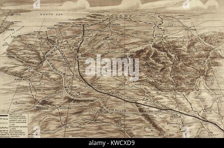Guerra mondiale 1. Mappa di fronte occidentale che mostra la posizione delle forze contrapposte su nov. 4, 1918, sette giorni prima dell'armistizio è stato firmato. Essa indica anche il punto più lontano raggiunto dai tedeschi, la linea Hindenburg. (BSLOC 2013 1 217) Foto Stock