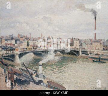 Mattina, un giorno nuvoloso, Rouen, di Camille Pissarro, 1896, impressionista francese la pittura ad olio. Pissarro descritto la scena come ponte di ferro in un giorno di pioggia, con molto traffico, carrelli, i pedoni, i lavoratori sulle banchine, barche, fumo, di nebbia in distanza, di tutta la scena piena di animazione e vita (BSLOC 2017 3 62) Foto Stock