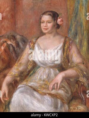 Tilla Durieux, da Auguste Renoir, 1914, impressionista francese pittura, olio su tela. Tilla Durieux, una famosa attrice tedesca ha viaggiato a Parigi hanno il suo ritratto dipinto da Renoir. Indossa il costume disegnato da Paul Poiret per il suo ruolo come Eliza Doolittle in George Bernard Shaw Pygmalion (BSLOC 2017 3 82) Foto Stock