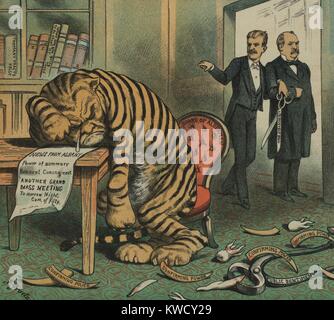 Piangendo Tammany Tiger con la faccia di NYC Boss democratico John Kelly. Theodore Roosevelt e Grover Cleveland stand a braccetto con TR azienda grandi forbici etichettato Roosevelt Bill. Sul pavimento sono le tigri artigli etichettato confermando la potenza e i denti che sono state estratte da un attrezzo marcato sentimento pubblico (BSLOC 2017 4 9) Foto Stock