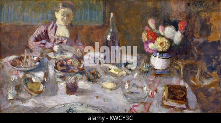 Pranzo, da Edouard Vuillard, 1901, francese Post-Impressionist, pittura a olio su cartone. Le evidenze di lavoro continua influenza impressionista, ma con diminuita realismo sotto Nabi influenza (BSLOC 2017 5 101) Foto Stock