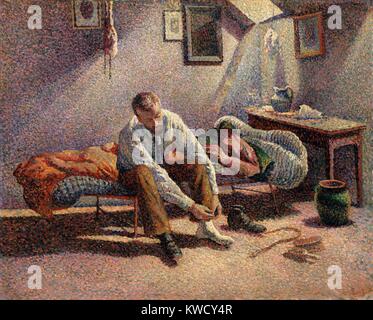 Mattina, interno, da da Maximilien Luce 1890, neo-impressionisti francesi, olio su tela. Pointillist pittura di luce vicino amico e compagno di pittore Gustave Perrot nel vestire i suoi artisti garret. Luces socialista anarchico/politica influenzata lui di dolore (BSLOC 2017 5 111) Foto Stock