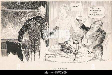 La faccia in corrispondenza della finestra mostra gli europei la sofferenza nella guerra mondiale 1 come gli americani a prosperare. Esso raffigura due ricchi uomini tostare per la loro felicità e prosperità a un pasto di ringraziamento. 1916 disegno di John McCutcheon per un cartoon politico (BSLOC 2017 1 40) Foto Stock