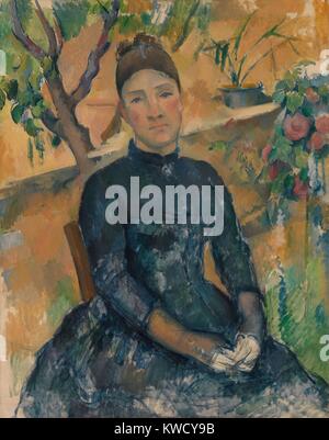 Madame Cezanne, di Paul Cezanne, 1891, francese Post-Impressionist pittura, olio su tela. Il dipinto è più sviluppato in e attorno alla testa e spalle con le mani e le zone inferiori abbozzato (BSLOC 2017 5 18) Foto Stock