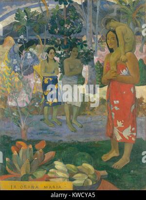 Ave Maria (Ia Orana Maria), da Paul Gauguin, 1891, francese Post-Impressionist pittura, olio su tela. Gauguin dedicata questa prima grande tela tahitiano, a tema cristiano, con un angelo con ali di colore giallo che rivela un Tahitian Maria e Gesù, isola wo (BSLOC 2017 5 28) Foto Stock