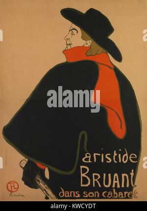 Aristide Bruant, al suo cabaret, Henri de Toulouse-Lautrec, 1893, francese Post-Impressionist stampa. Lautrec realizzato questo poster litografiche per promuovere la performance della cantante Aristide Bruant a up-scala cafe-concerti su Champs-Elysees. Lautrec emphasiz (BSLOC 2017 5 68) Foto Stock