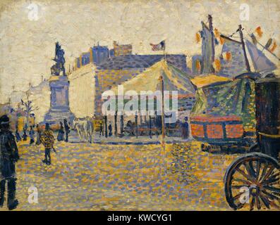 Place de Clichy, da Paul Signac, 1887, francese Post-Impressionist pittura, olio su legno. All età di 18 anni, quando uno studente di architettura, ha visto una mostra di Monet e ha deciso di diventare un pittore. Questo lavoro è stato creato 6 anni più tardi dopo Signac influenza da pointil (BSLOC 2017 5 87) Foto Stock