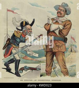 Thomas C. Platt offrendo la sua spada denominata N.Y. Il repubblicano Boss di Theodore Roosevelt. Platt si arrende al suo vecchio rivale repubblicano, che hanno ricevuto i loro amici la nomina per il governatore. Sett. 14, 1898 (BSLOC 2017 4 21) Foto Stock
