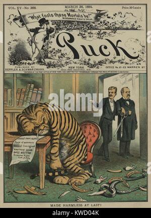 Piangendo Tammany Tiger con la faccia di NYC Boss democratico John Kelly. Rese innocue FINALMENTE PUCK magazine Marzo 1884 coperchio. Theodore Roosevelt e Grover Cleveland stand a braccetto con TR azienda grandi forbici etichettato Roosevelt Bill (BSLOC 2017 4 8) Foto Stock