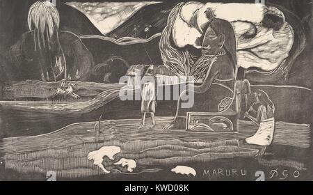 Maruru, da Paul Gauguin, 1893-94, Francese Post-Impressionist stampa, Xilografia su carta. L'immagine viene dal suo precedente pittura, Hina Maruru (grazie a Hina) del 1893. Gauguin creato immagini di Hina e altre divinità dalla sua immaginazione e non oggetti da lui (BSLOC 2017 5 37) Foto Stock