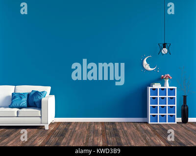 Blu moderno living room interior - con un divano in pelle bianca e blu del pannello a parete con spazio, rendering 3D Foto Stock