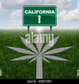 In California il concetto di marijuana e pot californiano legge simbolo come una strada conformata come una foglia di cannabis come una legalizzazione delle malerbe come farmaco. Foto Stock