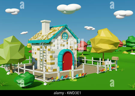 Cartoon house con paesaggio di campagna in primavera o in estate, rendering 3D Foto Stock