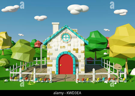 Cartoon house con paesaggio di campagna in primavera o in estate, rendering 3D Foto Stock