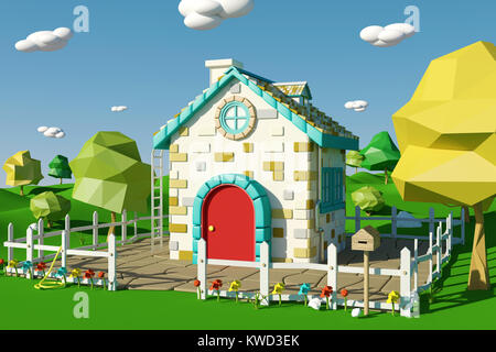 Cartoon house con paesaggio di campagna in primavera o in estate, rendering 3D Foto Stock