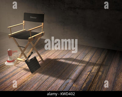 Direttore di sedia con battaglio board e megafono in camera oscura scena con luce di Spotlight, rendering 3D Foto Stock