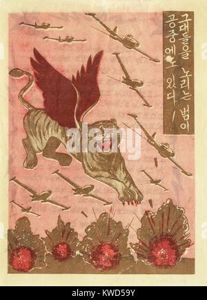 La Propaganda opuscolo distribuito dalle forze delle Nazioni Unite conducono dagli Stati Uniti durante la Guerra di Corea, 1950-1953. Questo opuscolo intitolato "Flying tigri del mondo libero colpire di nuovo!" era caduto sulla Corea del Nord immediatamente le truppe in seguito a pesanti incursioni aeree. Ha insultato i comunisti" la mancanza di sostegno aereo e avvertito di un futile e inevitabile morte a meno che un soldato si arrese. (BSLOC 2014 11 273) Foto Stock