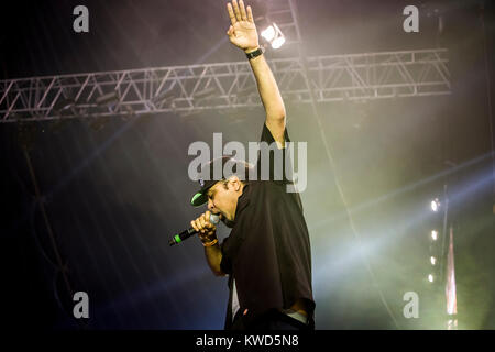 La American hip hop gruppo dilatata di popoli esegue un concerto dal vivo all'Arena stadio a Roskilde Festival 2014. Qui il rapper Rakaa Iriscience è raffigurato dal vivo sul palco. Danimarca, 04.07.2014. Foto Stock