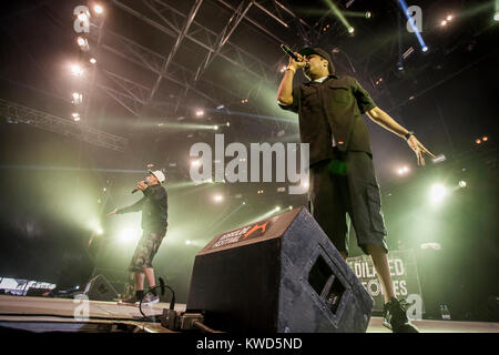 La American hip hop gruppo dilatata di popoli esegue un concerto dal vivo all'Arena stadio a Roskilde Festival 2014. Qui il rapper Rakaa Iriscience (R) è raffigurato dal vivo sul palco con i compagni di rapper prove (L). Danimarca, 04.07.2014. Foto Stock