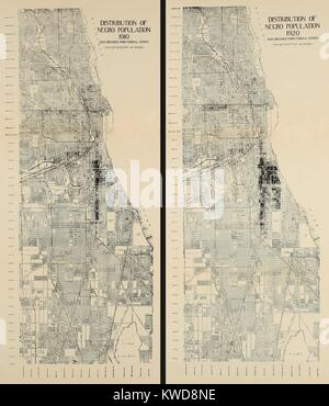 Distribuzione di africano popolazione americana a Chicago nel 1910 e 1920. La mappa mostra la crescita del sud Chicago comunità nera durante il 1910s come industria settentrionale ampliato durante la guerra mondiale 1. (BSLOC 2015 16 164) Foto Stock