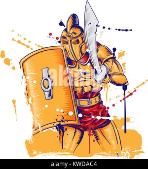 Roman gladietor warrior mascot isolato su bianco Illustrazione Vettoriale