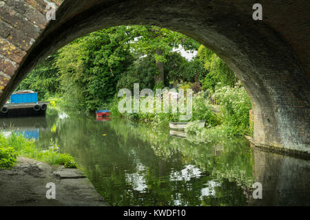 Guardando attraverso Ryeford ponte sul canale Stroudwater vicino alla casa di pietra, Stroud, Gloucestershire, Regno Unito Foto Stock