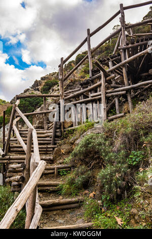 Scala fatta di registri nella gola di Richtis in inverno - Crete, Grecia. Foto Stock