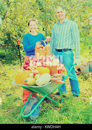 Uomo e donna con colture di ortaggi in giardino Foto Stock