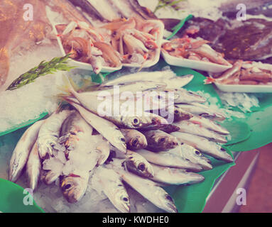 Pesce fresco sul mercato contatore di frutti di mare, vicino fino Foto Stock