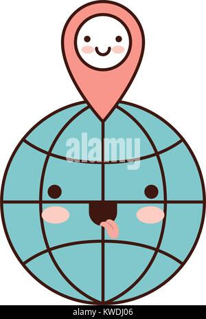 Kawaii Globo mondo e kawaii puntatore mappa sulla sommità in silhouette colorato Illustrazione Vettoriale