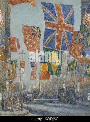 Viale degli alleati, Gran Bretagna, da bambino Hassam, 1918, la pittura americana, olio su tela. Manhattan Fifth Avenue decorate con gli emblemi patriottica nel 1918 durante la guerra mondiale 1. Questa vista a nord dalla 53rd Street mostra le bandiere degli alleati in Gran Bretagna, Brasile, Belgio e Stati Uniti d'America. È una delle 30 opere Hassam dipinte di tale contrassegno viene visualizzato durante il WW1 (BSLOC 2017 9 23) Foto Stock