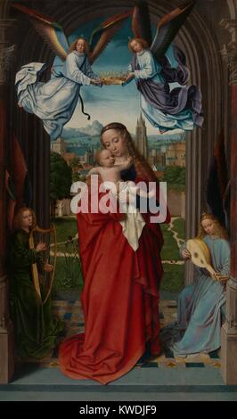 Madonna col Bambino e quattro angeli, da Gerard David, 1510-15, Northern Renaissance pittura ad olio. Le figure in un portico ad archi sono affiancati da colonne contro lo sfondo della città di Bruges. Grazioso ritmi dei drappeggi scultorei di unificare la scalata in modo diverso le figure (BSLOC 2017 16 102) Foto Stock