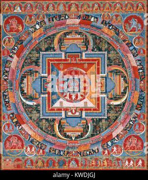 MANDELA DI JNANADAKINI, Tibet, buddista, 1370-1400, pittura, tempera su cotone. La centrale di sei-armati devi (DEA), Jnanadakini, è circondata da otto emanazioni delle devi, che corrispondono ai colori del mandala a quattro quadranti. Il tangka è popolato con molte figure: divinità, lama, monaci dakinis e mahasiddhas (BSLOC 2017 16 14) Foto Stock